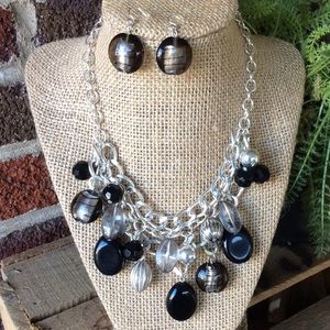 Silver Tone & Black Statement Necklace & Earrings.
